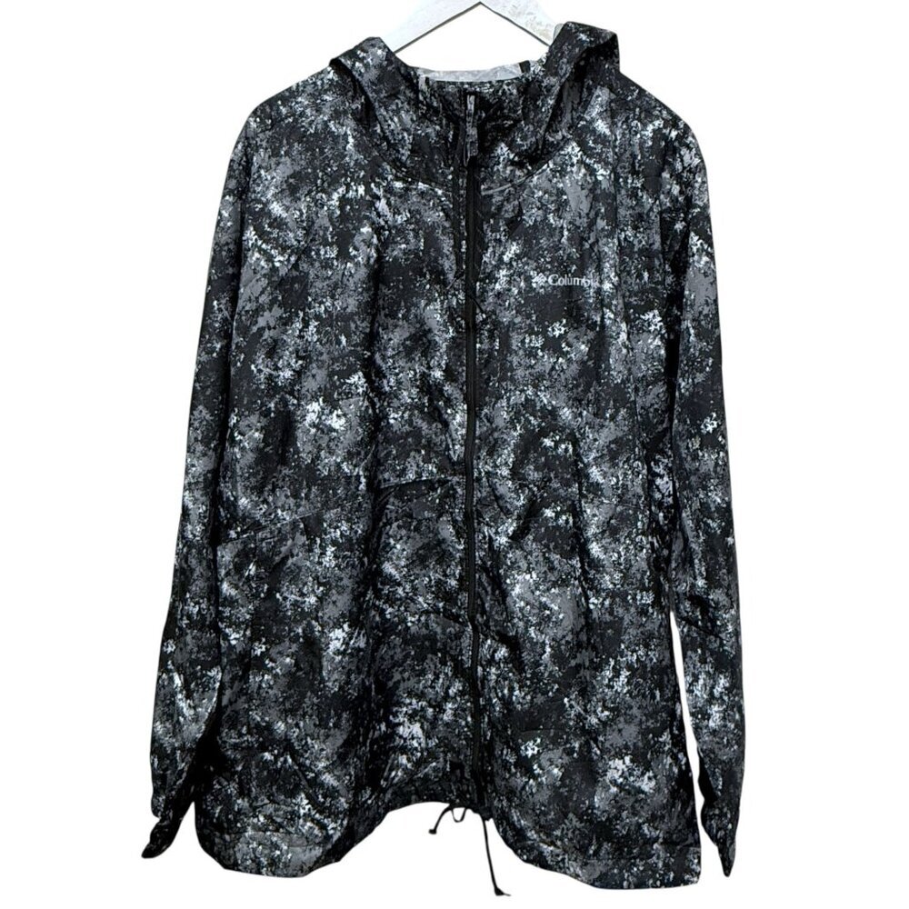 COLUMBIA Windbreaker Plus Size 1X Black Abstract Print Hooded Light Jacket Zip